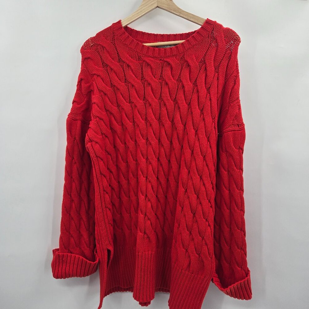 J. Crew Orange Red Scarlett Cable Knit Crew Neck Sweater Size Medium-Large